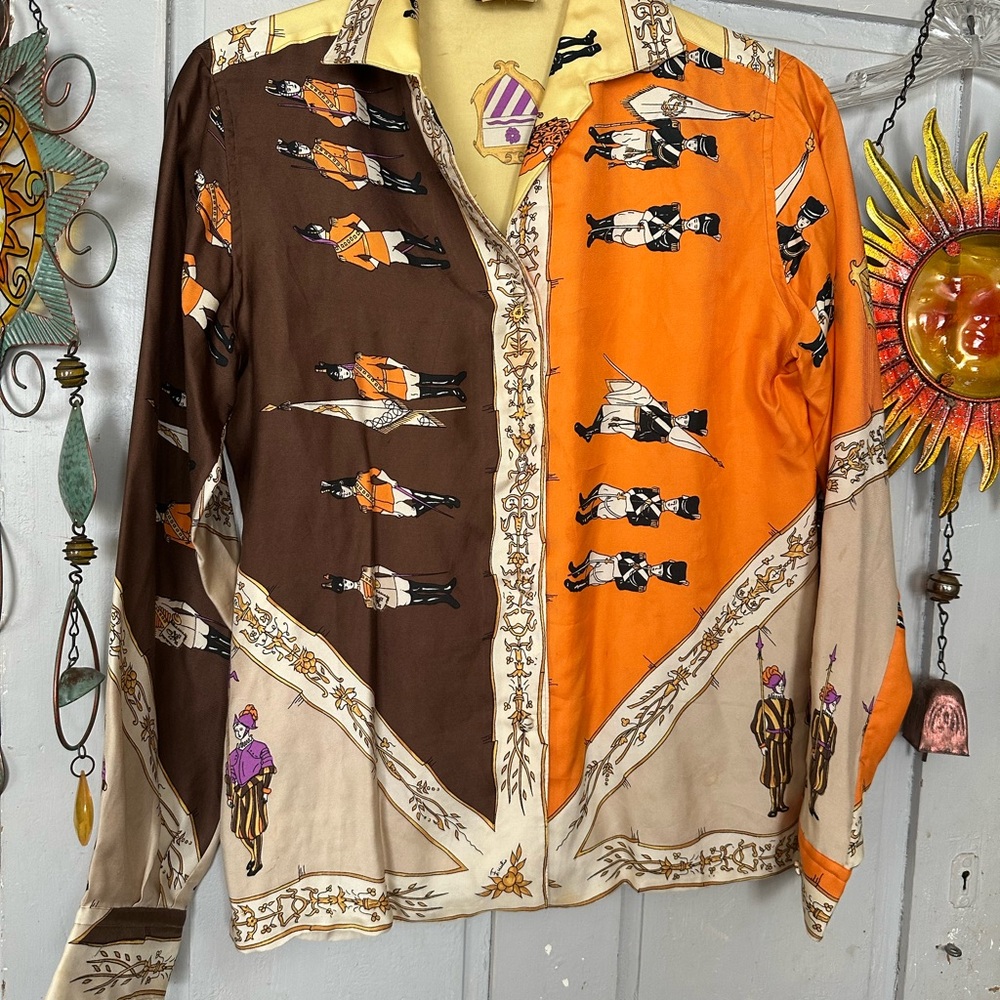 Emilio Pucci Extremely Rare SilkVintage Soldier Print Shirt Brown, Orange, Cream